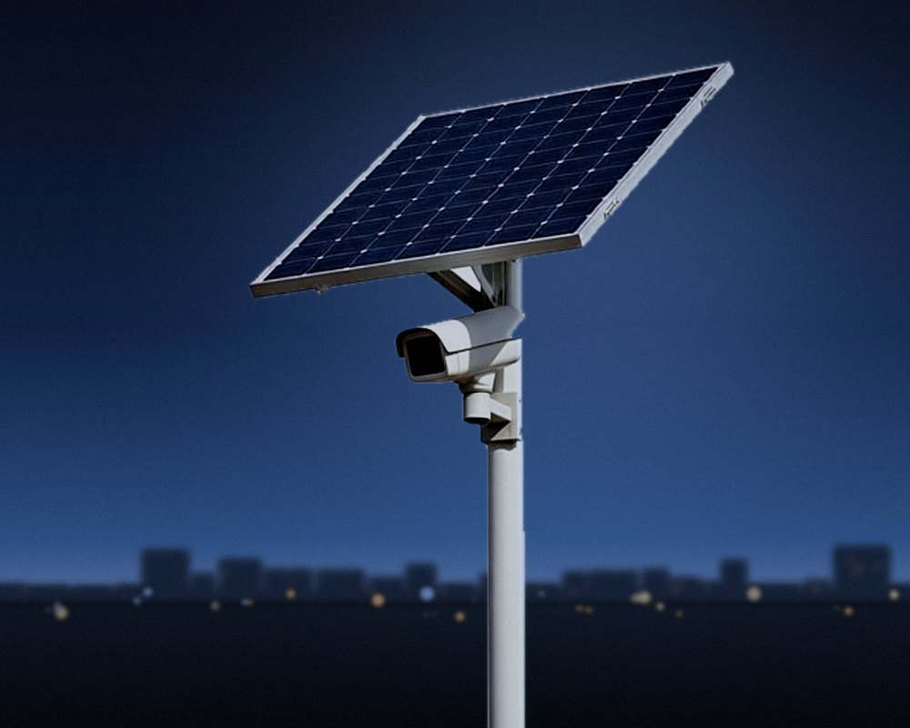 Solar-powered Intelvi camera on a pole at dusk