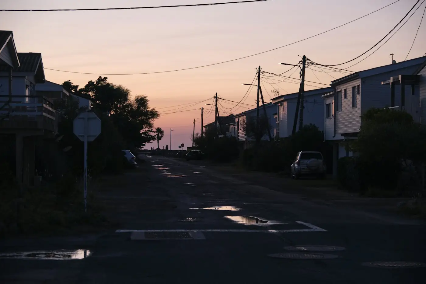 Quiet residential street at dusk